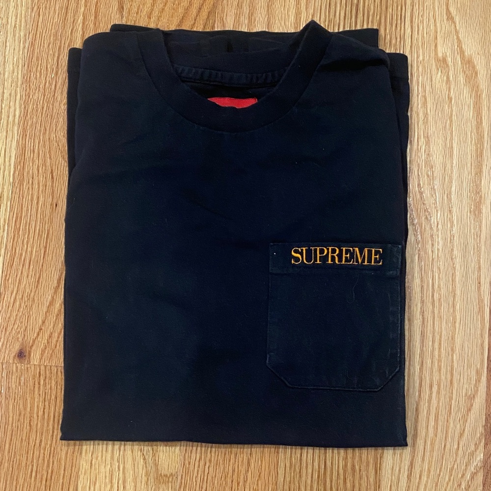 Supreme Black Tee with Orange Pocket Logo